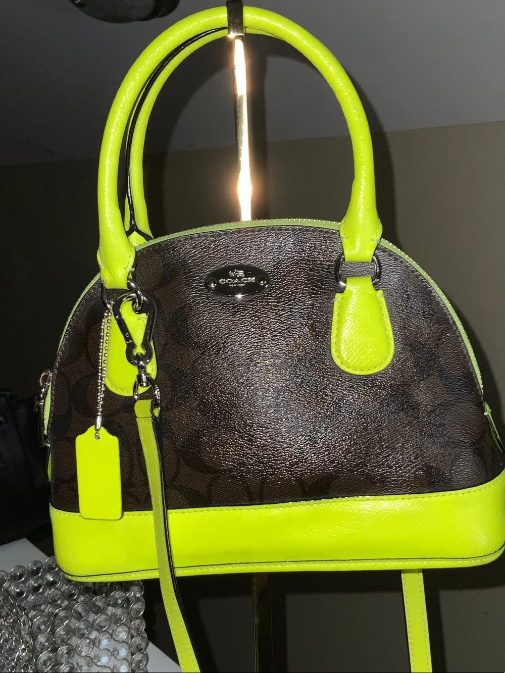 Coach Brown Signature Satchel with Neon Yellow Trim